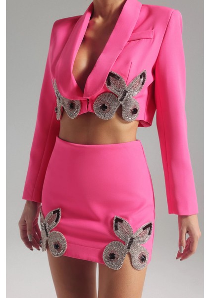 Macha Taş Işlemeli Takım, Taş Işlemeli Pembe Abiye Takım ,merrick Kelebek Kristal Süslemeli Pembe Blazer modelleri