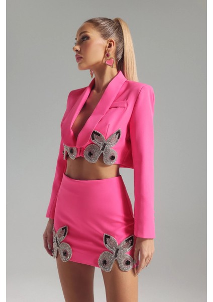 Macha Taş Işlemeli Takım, Taş Işlemeli Pembe Abiye Takım ,merrick Kelebek Kristal Süslemeli Pembe Blazer fırsatları