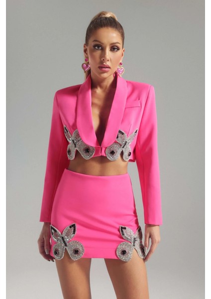 Macha Taş Işlemeli Takım, Taş Işlemeli Pembe Abiye Takım ,merrick Kelebek Kristal Süslemeli Pembe Blazer indirimleri