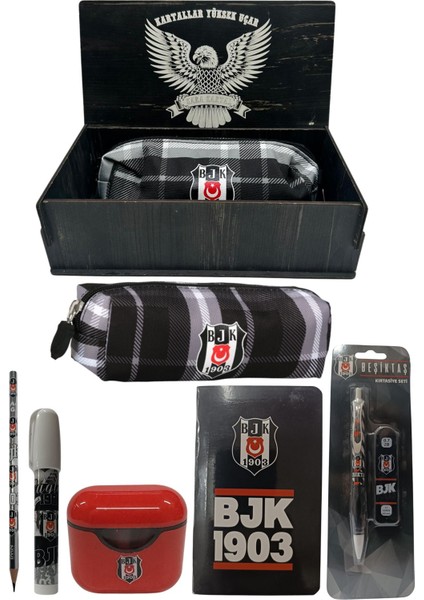 Beşiktaş Orjinal Lisanslı Beyaz Air Kalemtraş Ahşap Kutulu 6'lı Kırtasiye Seti
