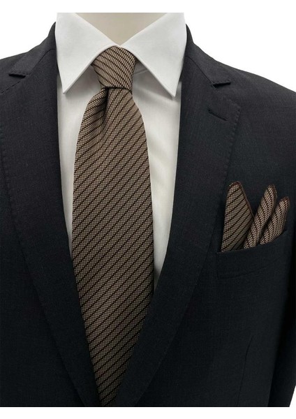 7.5 cm Kahverengi Çizgili Kravat Mendil Set