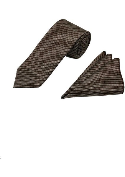 7.5 cm Kahverengi Çizgili Kravat Mendil Set fiyatları