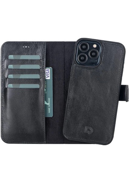 Apple iPhone 13 Pro Max Uyumlu Deri Cüzdanlı Kılıf Rustik Siyah