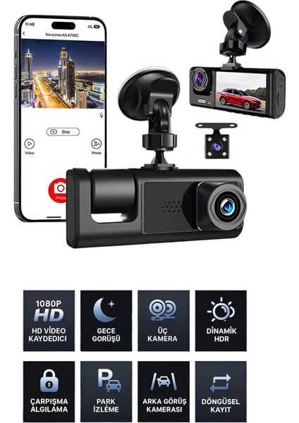 1080P Wifi Full Hd Araç Içi Kamera Arka Ön Iç Kayıt 3 Kamera Gece Görüşlü Gsensör Geniş Açı