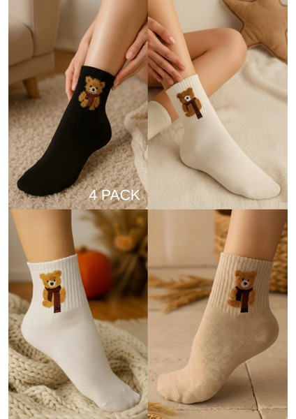 4 Çift Ayıcık Desenli Kadın Kolej Çorap
