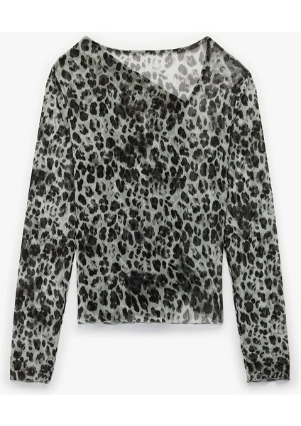 Kadın x Sibil Çetinkaya - Uzun Kollu Asimetrik Yaka Geyik Desenli Transparan Tül Bluz 6WAK80099PK modelleri