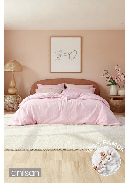Düz Pudra King Lastikli Çarşaf Düğmeli Ranforce Nevresim Takım %100 Pamuk 2 Adet Yastık Kılıf