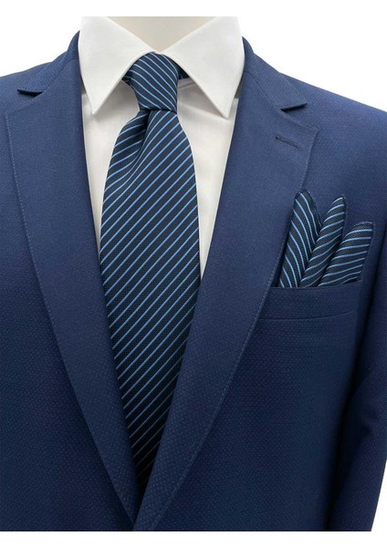 7.5 cm Lacivert Mavi Çizgili Kravat Mendil Set