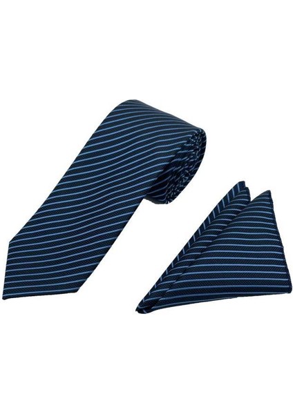 7.5 cm Lacivert Mavi Çizgili Kravat Mendil Set fiyatları
