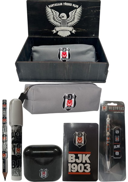 Beşiktaş Orjinal Lisanslı Siyah Air Kalemtraş Ahşap Kutulu 6'lı Kırtasiye Seti