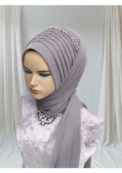 Aksesuarlı Koyu Gri Likralı Kumaş Hazır Duvak Hazır Şal Hazır Türban