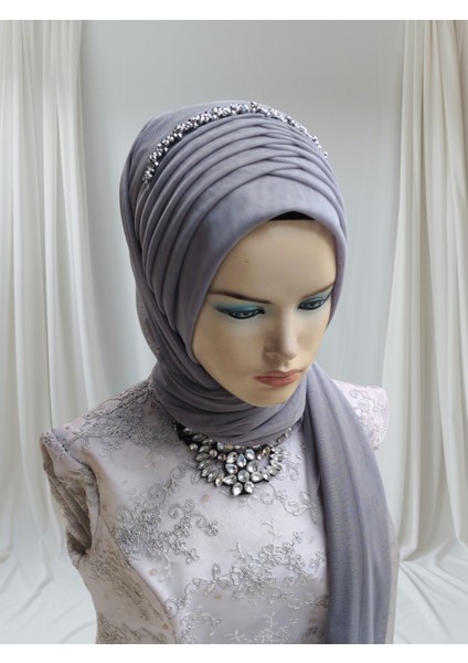 Aksesuarlı Koyu Gri Likralı Kumaş Hazır Duvak Hazır Şal Hazır Türban fiyatları