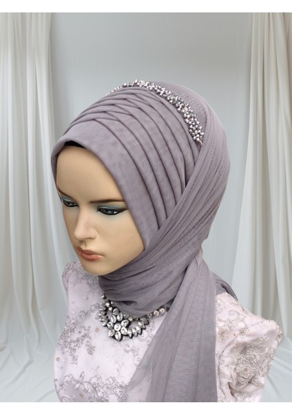 Aksesuarlı Koyu Gri Likralı Kumaş Hazır Duvak Hazır Şal Hazır Türban fırsatları