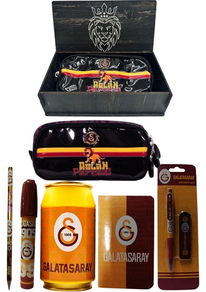 Galatasaray Orjinal Lisanslı Sarı Kutu Kalemtraş Ahşap Kutulu 6'lı Kırtasiye Seti