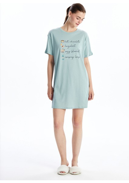 Yeni Sezon Bisiklet Yaka Baskılı Kadın Gecelik