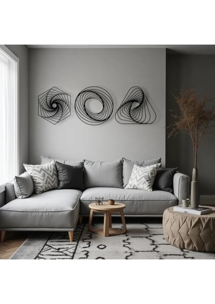 Metal Geometrik Duvar Dekoru Seti – Modern Minimalist 3 Parça Ev Ofis Aksesuarı Duvar Süsü
