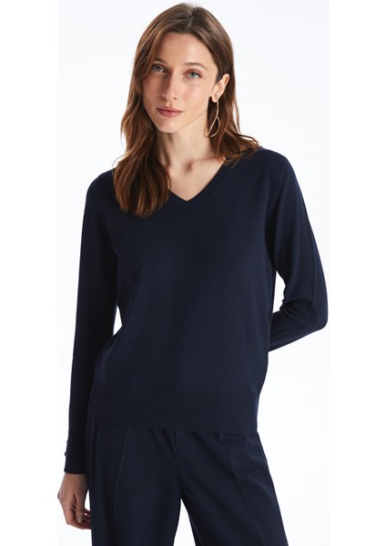 Yeni Sezon V Yaka Düz Uzun Kollu Kadın Triko Kazak