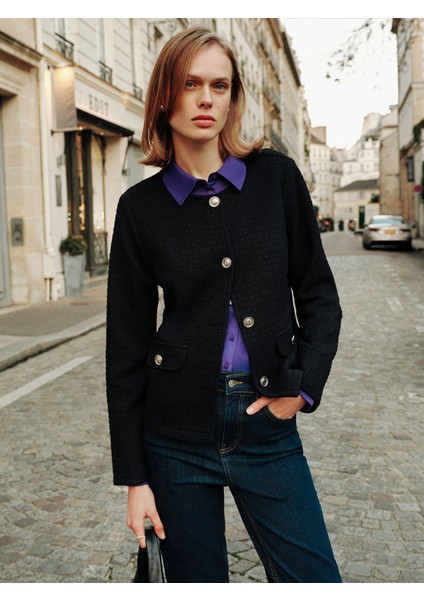 Yeni Sezon Bisiklet Yaka Dokulu Kadın Tüvit Ceket