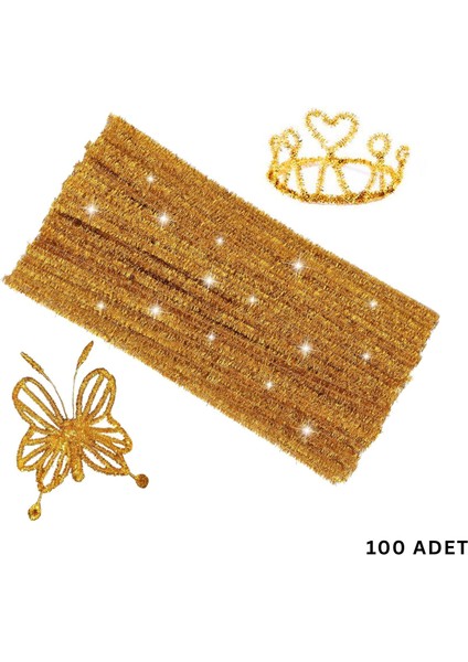 Şönil Tel, El Işi, Dıy, Hobi ve Çiçek Yapım Teli, Simli Altın, 100 Adet, 6 mm - 30 cm