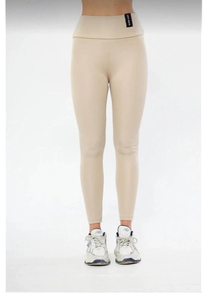 Kışlık Yüksek Bel Toparlayicı ve Sıkılaştırıcı Likralı Şardonlu Tayt - Bej