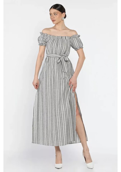 Lvsqvr Madonna Yaka Midi Yırtmaçlı Kuşaklı Keten Elbise Gri (Beden: S) modelleri