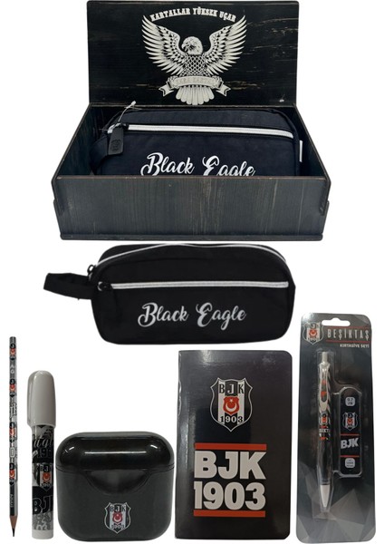 Beşiktaş Orjinal Lisanslı Siyah Air Kalemtraş Ahşap Kutulu 6'lı Kırtasiye Seti