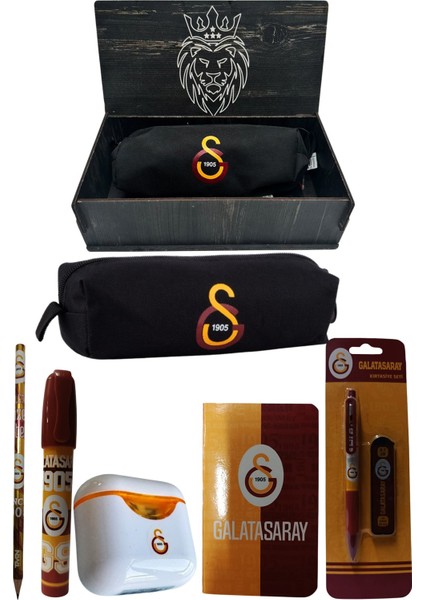 Galatasaray Orjinal Lisanslı Beyaz Air Kalemtraş Ahşap Kutulu 6'lı Kırtasiye Seti