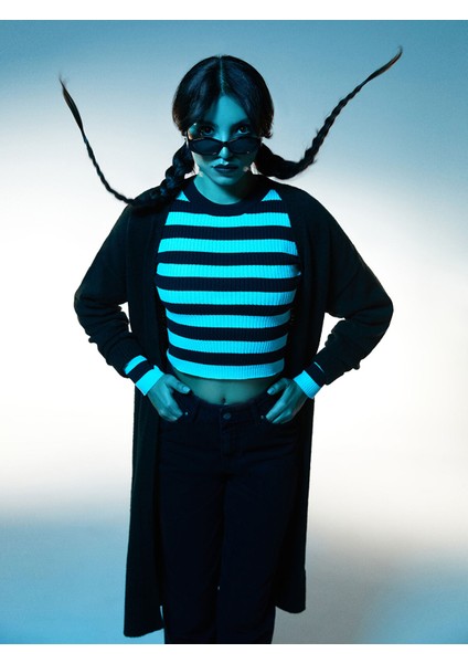 Yeni Sezon Bisiklet Yaka Çizgili Uzun Kollu Kadın Triko Kazak