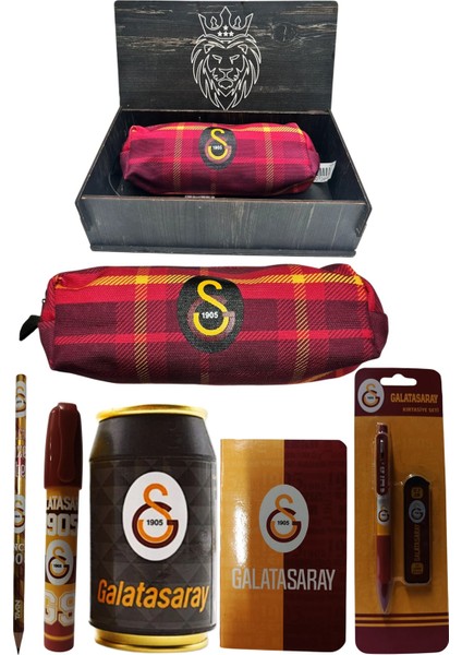 Galatasaray Orjinal Lisanslı Siyah Kutu Kalemtraş Ahşap Kutulu 6'lı Kırtasiye Seti