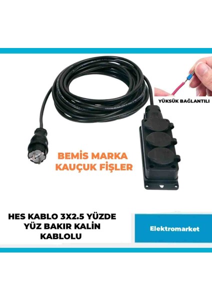 Kauçuk 3'lü Araç Şarjı Uyumlu 10-50 Metre Arası (3x2.5 Ttr Hes Kablolu Tam Bakır) Uzatma Seyyar