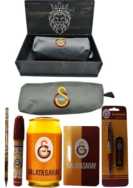 Galatasaray Orjinal Lisanslı Sarı Kutu Kalemtraş Ahşap Kutulu 6'lı Kırtasiye Seti