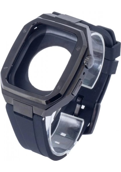Apple Watch 44MM KR402 Metal Kasa Silikon Kordon - Siyah