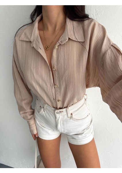 Lvsqvr Çizgili Oversize Gömlek Bej (Beden: M) fırsatları