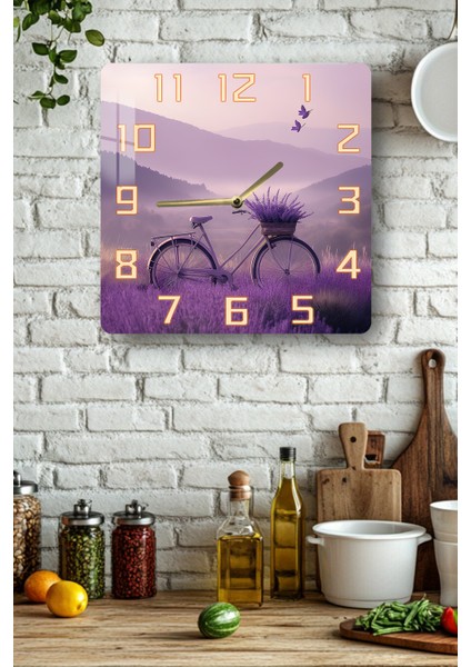 3D Görünümlü Temperli Cam Kare Saat – Lavanta Bisiklet Temalı Uv Baskı 33X33 cm - KCS114