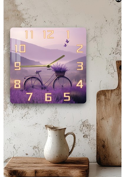 3D Görünümlü Temperli Cam Kare Saat – Lavanta Bisiklet Temalı Uv Baskı 33X33 cm - KCS114 modelleri