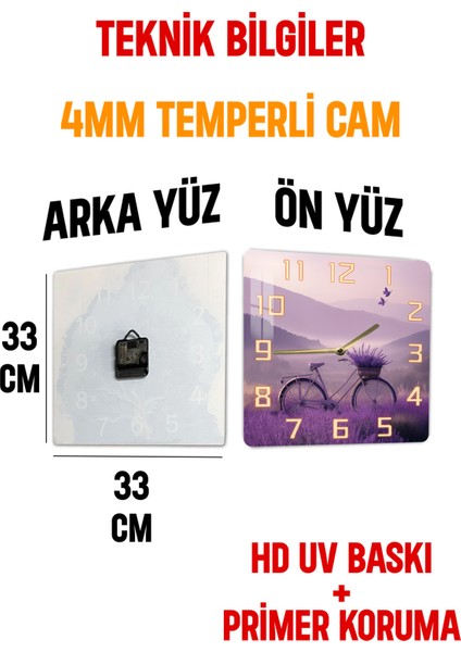3D Görünümlü Temperli Cam Kare Saat – Lavanta Bisiklet Temalı Uv Baskı 33X33 cm - KCS114