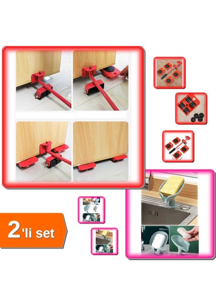 5 Parça Mobilya Kaydırma Aparatı + Vantuzlu Su Giderli Drenaj Katı Sabunluk - Süngerlik - 2li Set T7