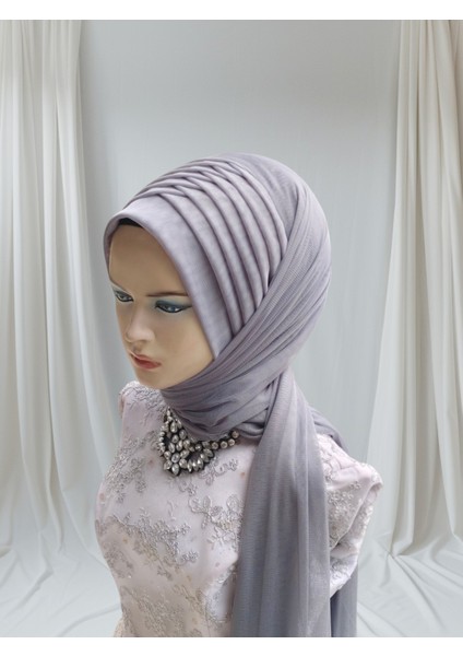 Koyu Gri Esnek Kumaş Hazır Duvak Hazır Şal Hazır Türban