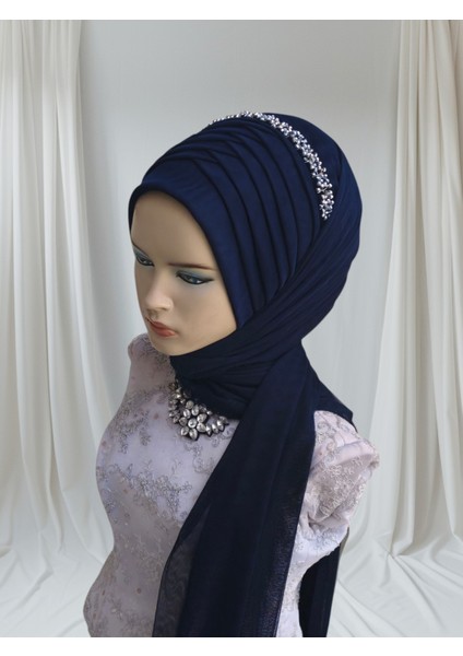 Aksesuar Dahil Koyu Lacivert Esnek Kumaş Hazır Duvak Hazır Şal Hazır Türban