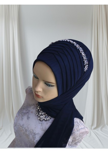 Aksesuar Dahil Koyu Lacivert Esnek Kumaş Hazır Duvak Hazır Şal Hazır Türban fiyatları