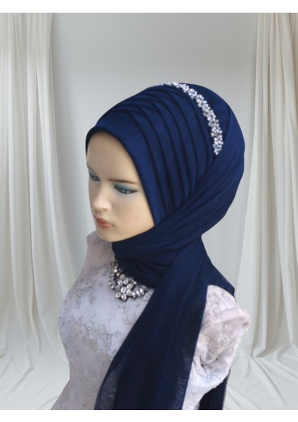 Aksesuar Dahil Koyu Lacivert Esnek Kumaş Hazır Duvak Hazır Şal Hazır Türban modelleri