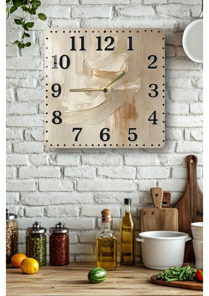 3D Görünümlü Temperli Cam Kare Saat–bej ve Krem Fırça Dokulu Modern Desen Uv Baskı 33X33 cm - KCS140