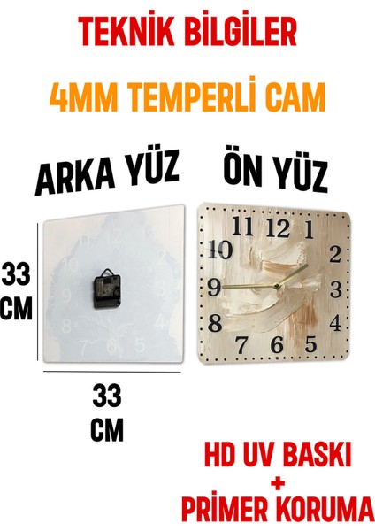 3D Görünümlü Temperli Cam Kare Saat–bej ve Krem Fırça Dokulu Modern Desen Uv Baskı 33X33 cm - KCS140