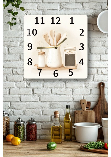 3D Görünümlü Temperli Cam Kare Saat – Mutfak Konseptli Uv Baskı 33X33 cm - KCS118