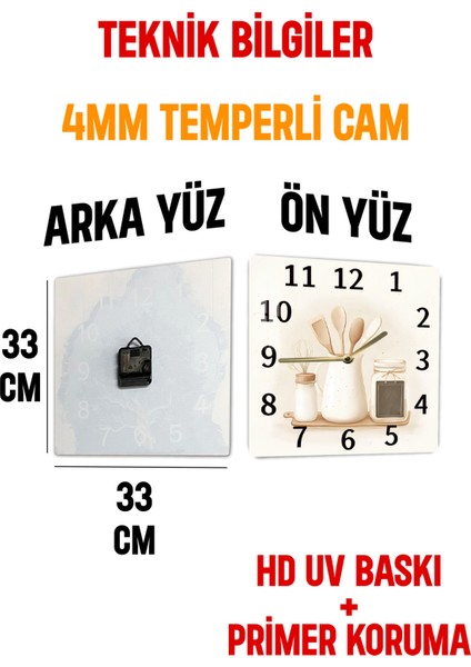 3D Görünümlü Temperli Cam Kare Saat – Mutfak Konseptli Uv Baskı 33X33 cm - KCS118