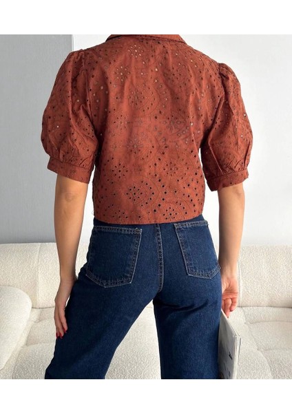 Nrtmsa Brodeli Crop Gömlek S1023 Kahve (Beden: S) modelleri
