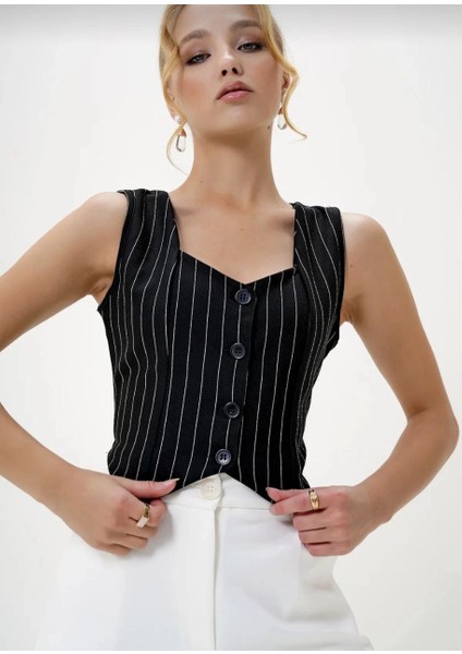 Nrtmsa Çizgili Krep Düğmeli Yelek Siyah S3395 (Beden: Xl) fırsatları