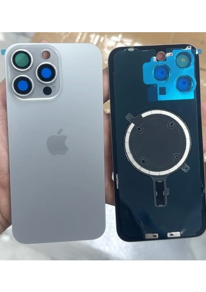 iPhone 15 Pro Max Arka Kapak Pil Kapağı Cam Ürün Naturel Titanyum Renk Demirli Lensli Tamir Set Yapıştırıvı Hediye