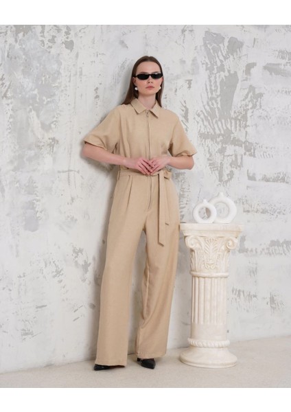 Nrtmsa Kuşaklı Gömlek Yaka Salaş Tulum Bej S255822 (Beden: L)