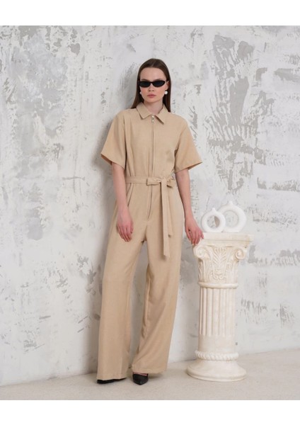Nrtmsa Kuşaklı Gömlek Yaka Salaş Tulum Bej S255822 (Beden: L) fiyatları